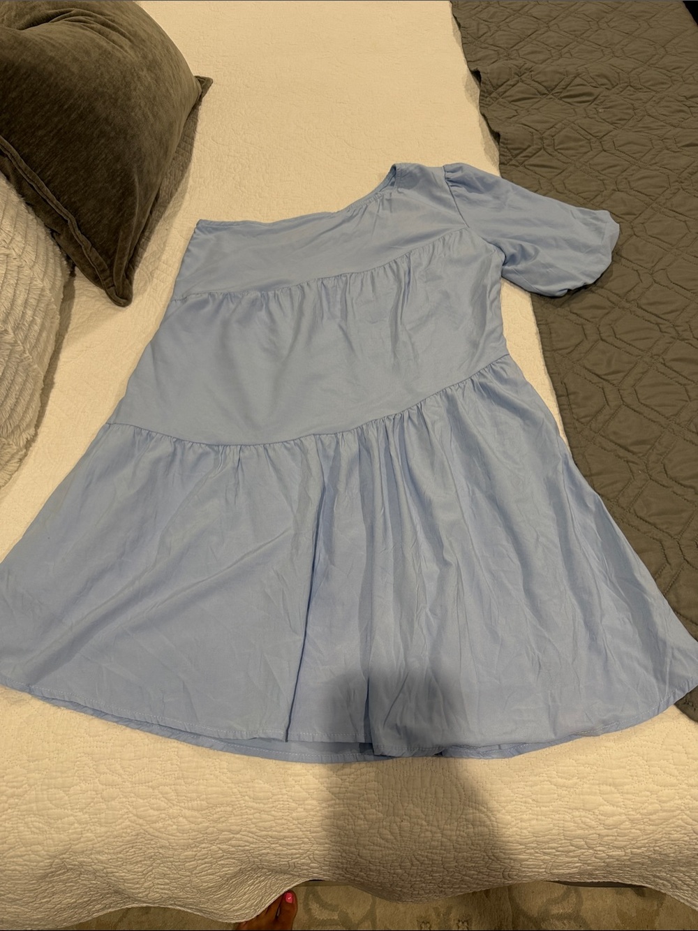 One-Shoulder Light Blue Tiered Kids Dress